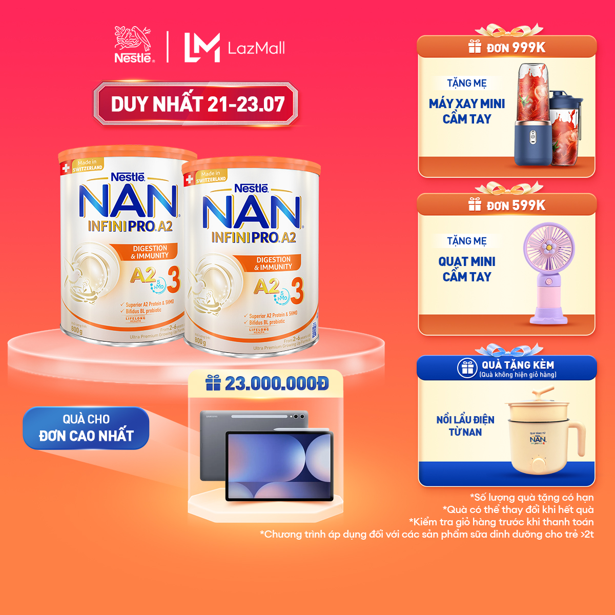 [CHỈ 21-23/7 QT Đơn 599K/999K][Tặng Nồi lẩu điện] Bộ 2 Lon Sữa bột NAN INFINIPRO A2 bước 3 với công thức đầu tiên kết hợp giữa đạm quý A2 & 5HMO nhập khẩu Thụy Sĩ - Hộp 800g cho bé 2- 6 tuổi - Sữa công thức dinh dưỡng hỗ trợ tiêu hóa tốt