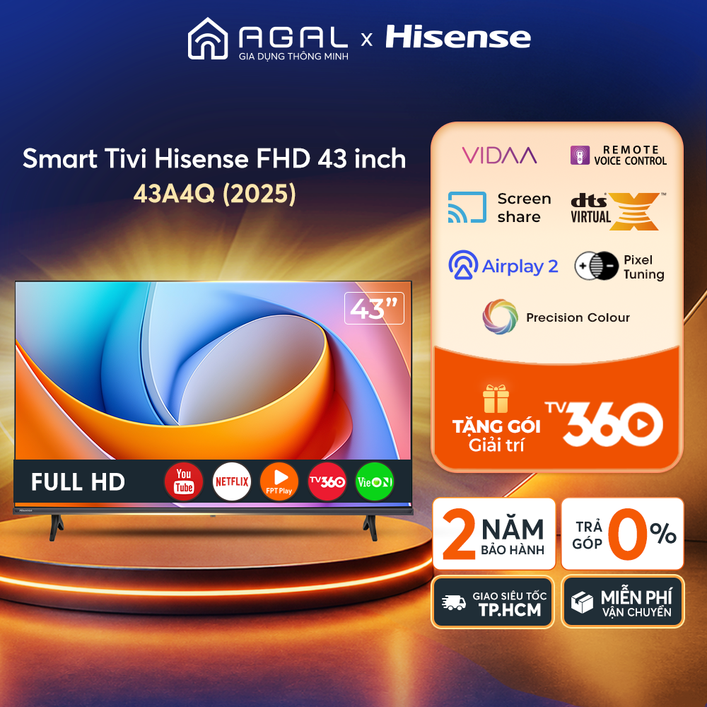 Hisense 43 inch FHD 43A4Q, Giao hàng toàn quốc, Bảo hành 2 năm