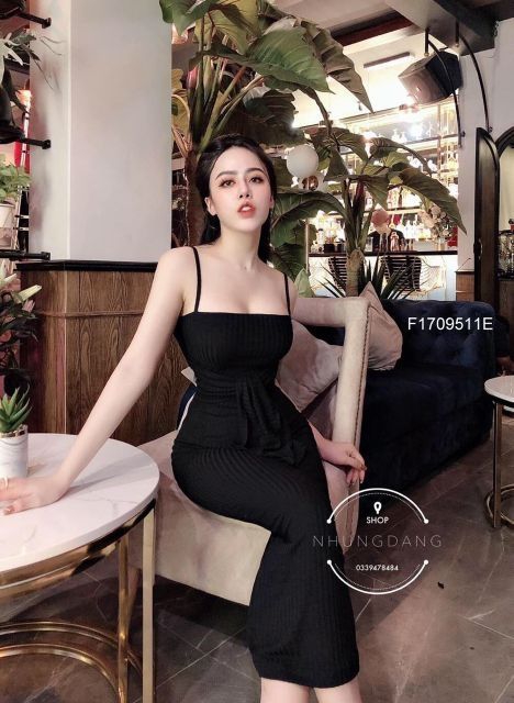 Đầm body 2 dây cột nơ eo form dài y mẫu anly28