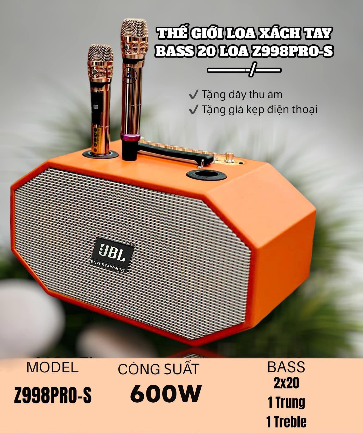 Loa Di Động Loa Xách Tay JBL Z998 PRO Công Suất Cực Lớn Chống Hú Tích Hợp Chỉnh EchoReverb Gồm 2 Loa Bass 20Cm1Trung2 Treble Đầy Đủ Cổng Kết Nối Bluetooth 5.0 AV USB TF Card BH 12 TH