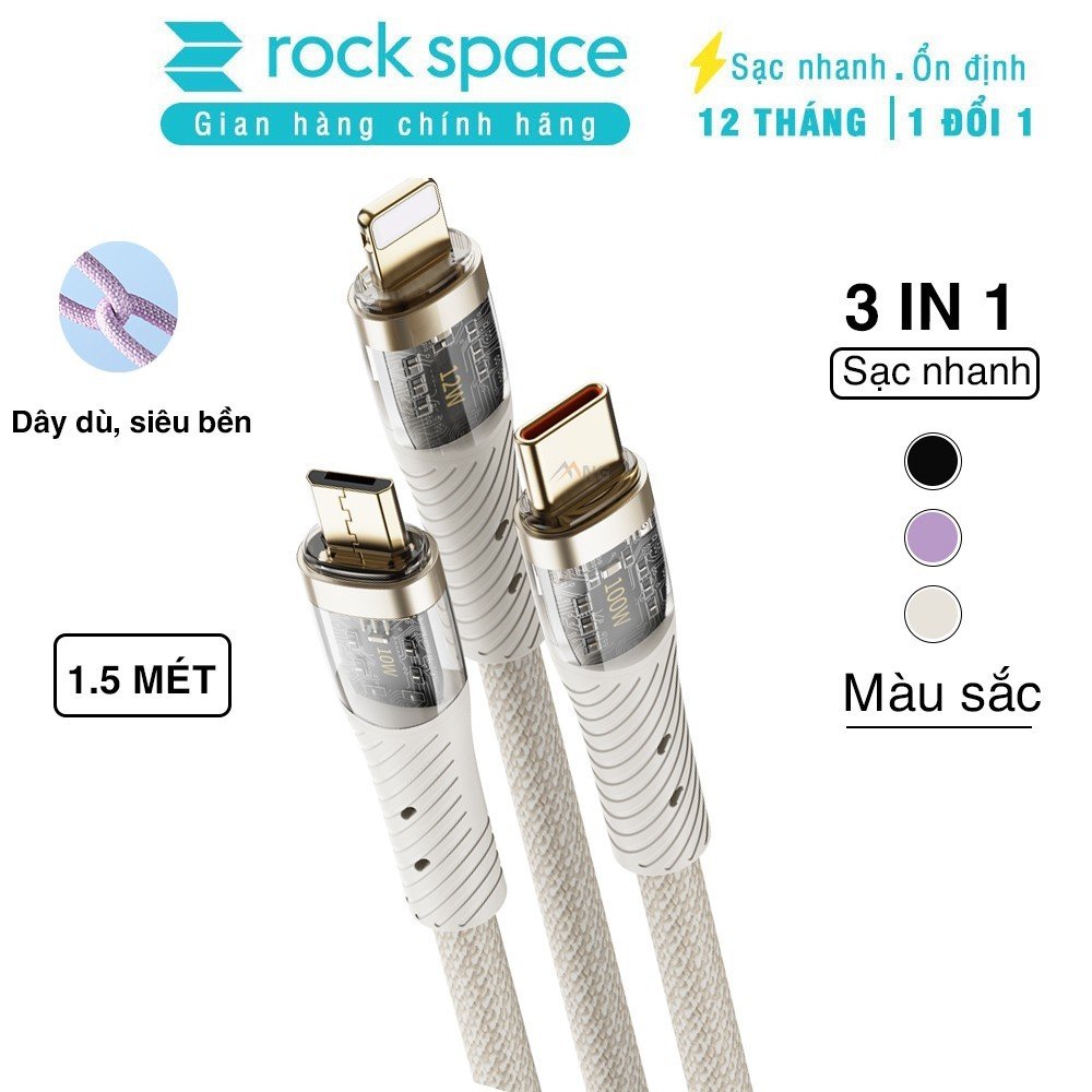 Dây cáp sạc 3 đầu ROCKSPACE G20 sạc nhanh cho mọi thiết bị dây dù độ dài 1.5m - hàng chính hãng bảo hành 12 tháng