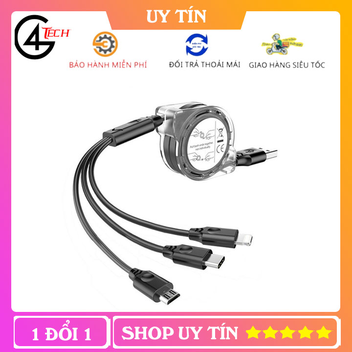 Cáp sạc cuộn 3 đầu tiện dụng - Dây sạc 3 đầu cho các dòng điện thoại