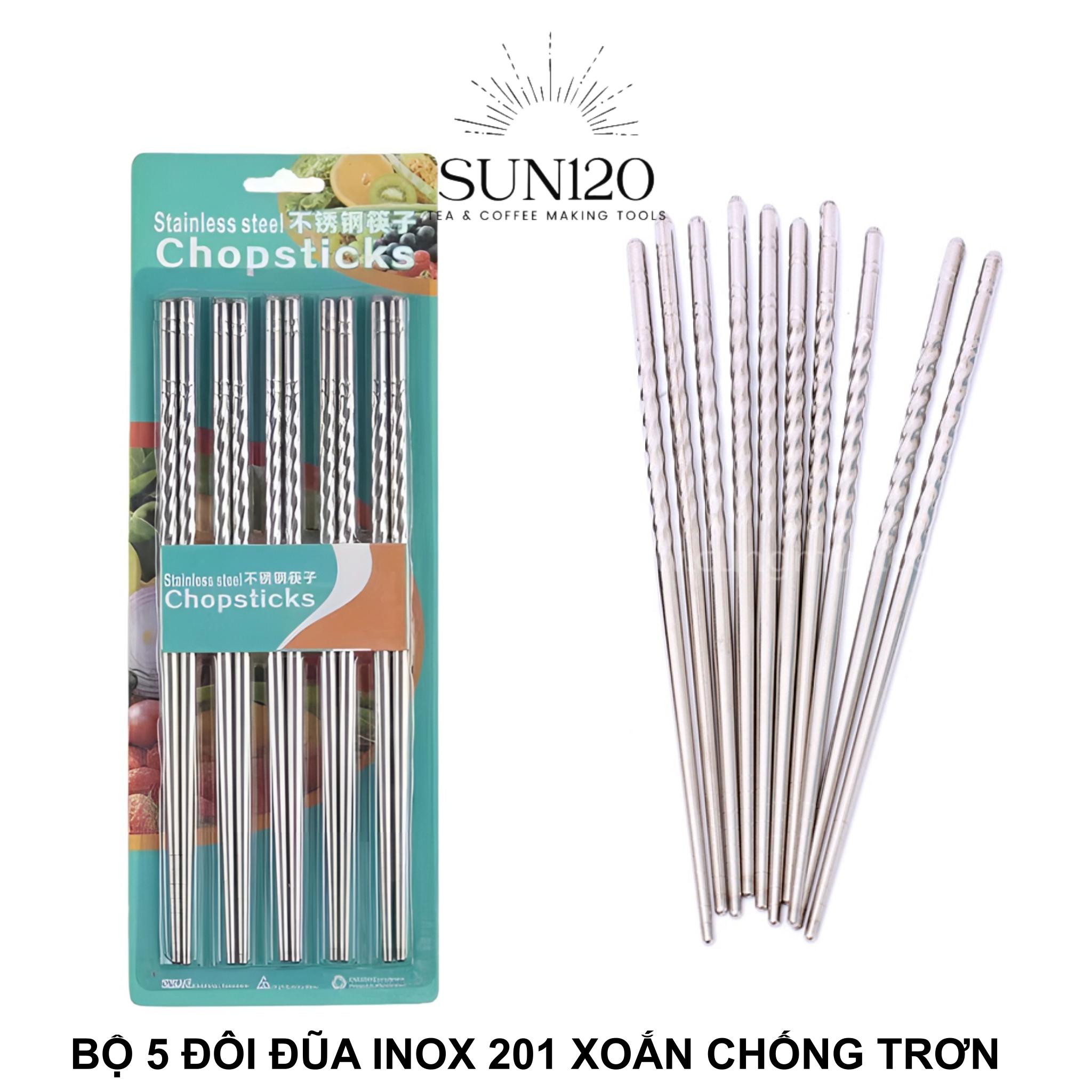 Bộ 5 đôi đũa inox 201 xoắn chống trơn trượt