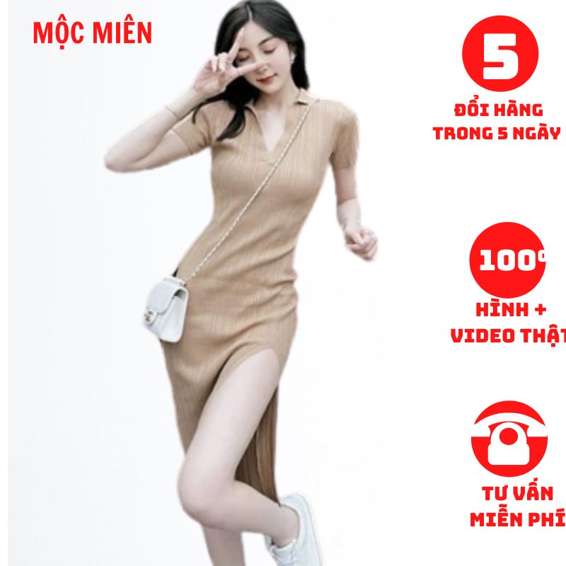 Đầm body cổ sơ mi xẻ tà chất thun gân tằm sọc cực xịn cho các nàng BD02