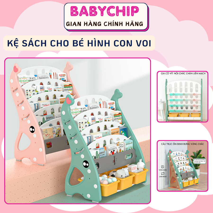 Kệ sách hình con voi babychip, giá sách nhựa cao cấp kèm khay giúp bé sắp xếp không gian gọn gàng