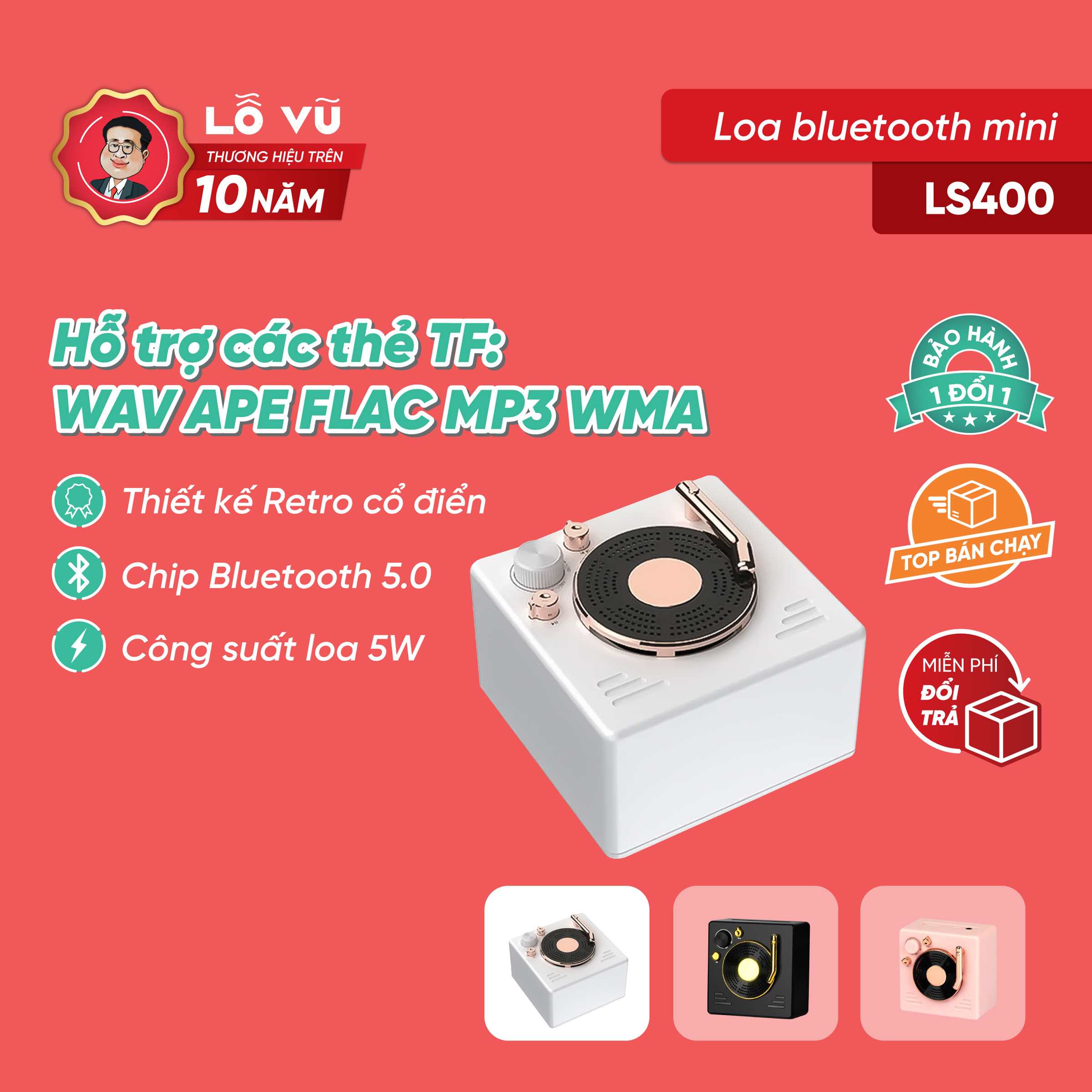 Loa bluetooth mini phong cách retro ls400, bluetooth 5.0, hỗ trợ thẻ nhớ