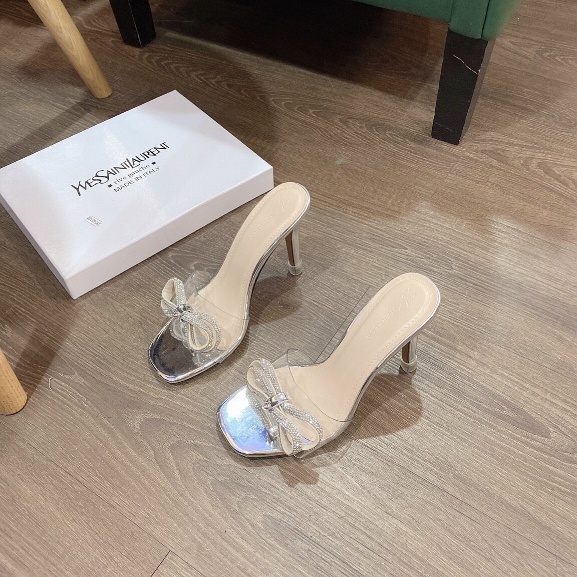 guốc cao gót nữ họa tiết hình nơ đính đá hột xoàn,quai trước trong suốt cực yêu hot 2021