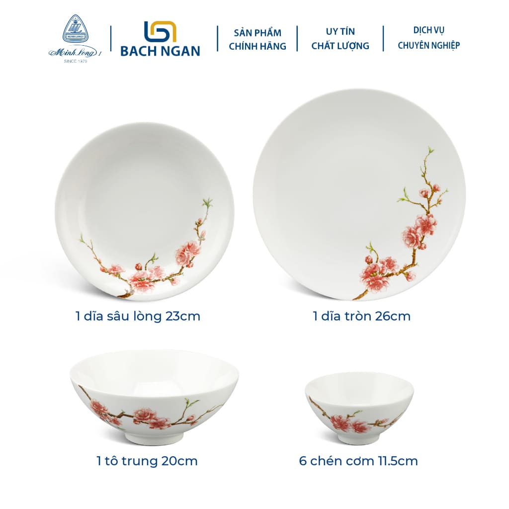 Bộ chén dĩa gốm sứ Minh Long Daisy IFP Hồng Đào 10 sản phẩm dùng cho gia đình, sứ đẹp cao cấp dùng đãi khách, tặng quà tết - bộ bàn ăn
