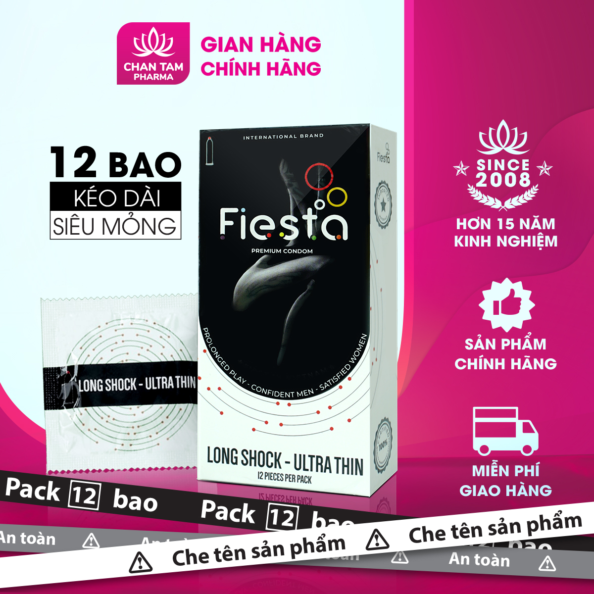 [CHE TÊN SẢN PHẨM] Bao cao su kéo dài - siêu mỏng Fiesta Long Shock UltraThin – hộp 12 cái