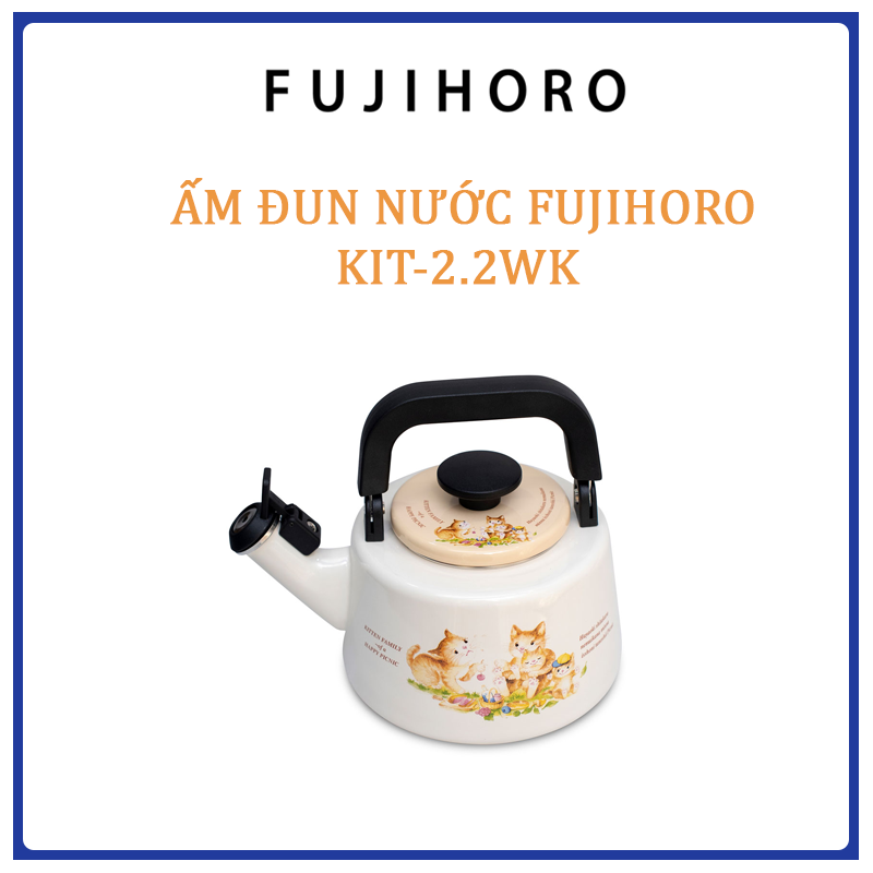 Ấm đun tráng men Nhật Bản Fujihoro KIT-2.2WK (Họa tiết Con Mèo) 2.1L - Bảo hành 2 năm - Hàng chính hãng