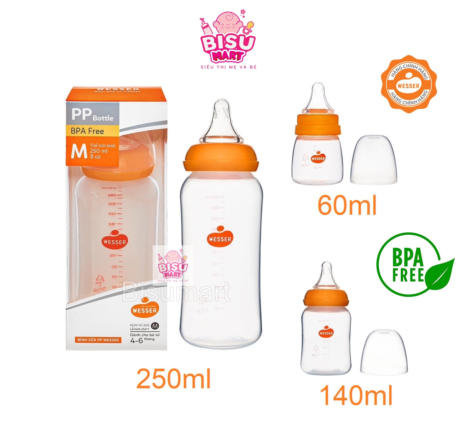 Bình sữa wesser cổ hẹp pp mẫu mới 60ml - 140ml - 250ml