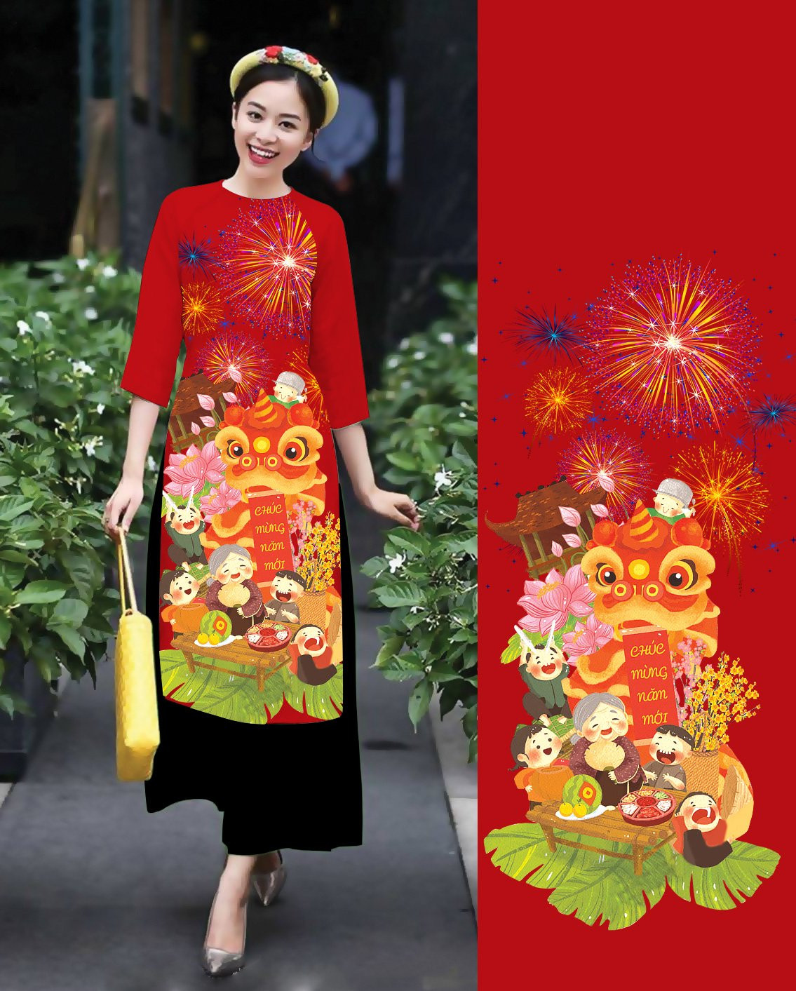 [HCM]Áo dài cách tân in TẾT ĐOÀN VIÊN  cao cấp - KHÔNG KÈM QUẦN