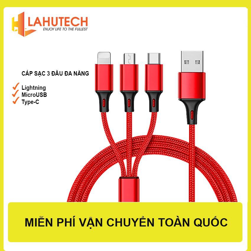 Cáp sạc 3 đầu đa năng S04 cho điện thoại Type C, Android, Iphone  1.2m dây dù, không đứt, rối - Cáp sạc đa năng, cáp sạc samsung, cáp sạc iphone, cáp sạc nhanh - Lahutech