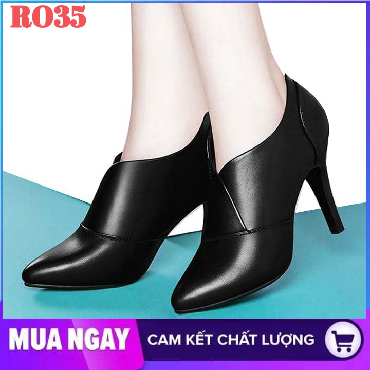 Giày boot nữ cổ thấp 7cm hàng hiệu rosata màu đen cao cấp ro35