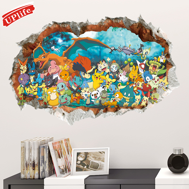 Giấy dán tường 3D hoạt hình trang trí phòng cho bé; Decal dán tường 3D trang trí phòng bé trai hình biệt đội Pikachu