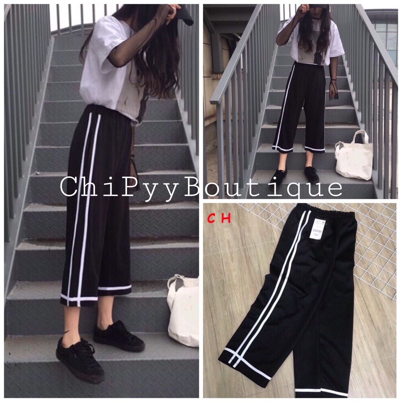 Quần ống rộng sọc kép - Culottes da cá viền gấu