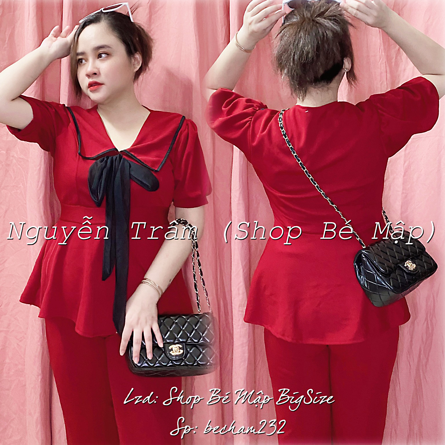 Set Áo Peplum Cổ Peter Viền Cột Nơ Quần Dài BigSize 65-85Kg [Hình Thật Chính Chủ]