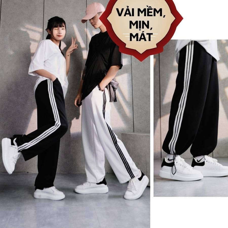 Quần Jogger Nam Nữ 3 Sọc Form Ống Rộng Để Suông Hoặc Rút Dây Bo Gấu Vải Mịn Mềm Mát Quần Joker, Joger