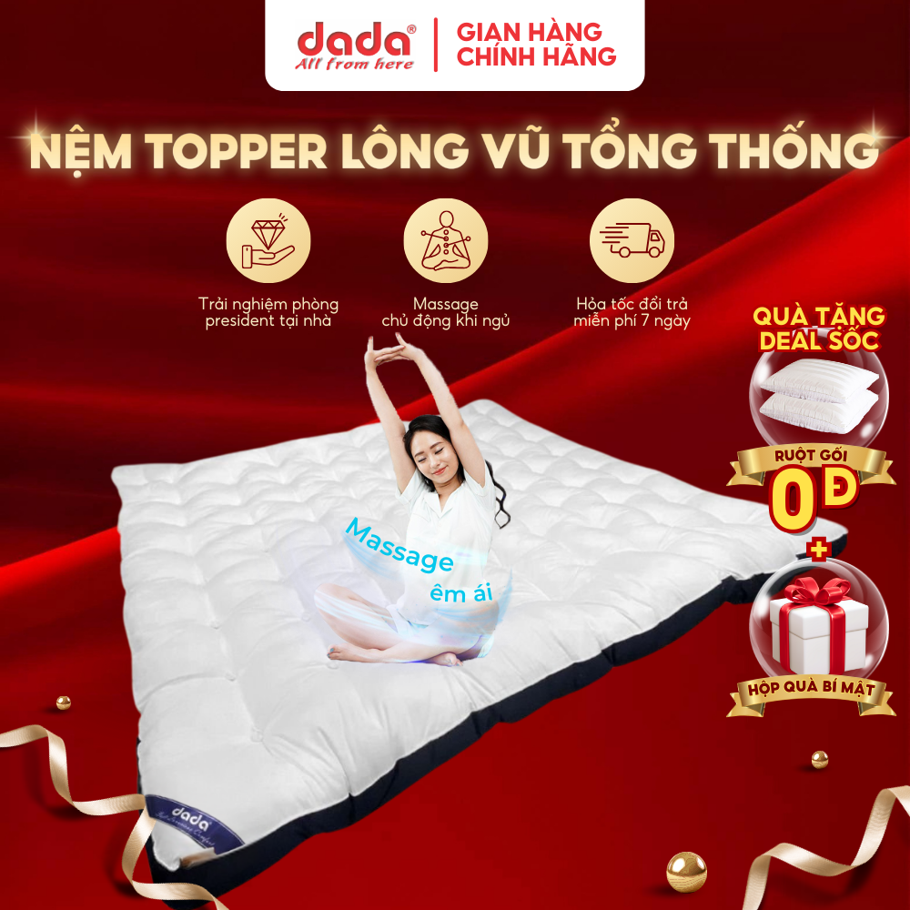 Nệm Topper Lông Vũ Microfiber Tiêu Chuẩn Hạng Phòng Tổng Thống President DADA - Dày 9cm