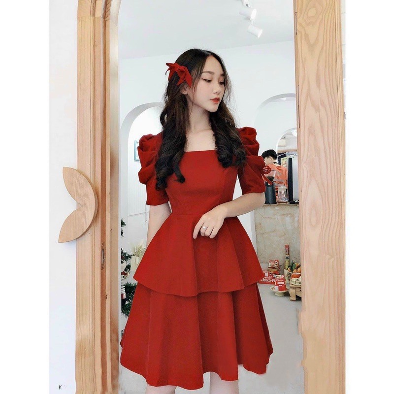 Đầm đỏ tay phồng, 2 tầng ms152
