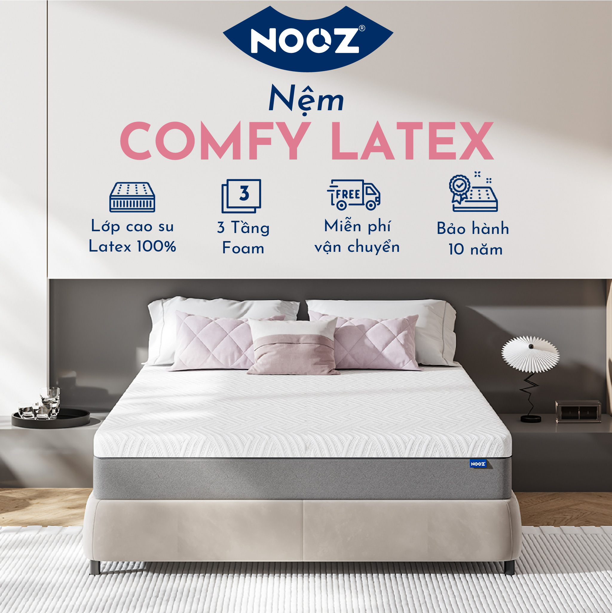  Nệm NOOZ Comfy Latex 100% Đệm Foam Cao Su Non Thiên Nhiên Và Than Hoạt Tính NOOZ Home Goods Mattress 