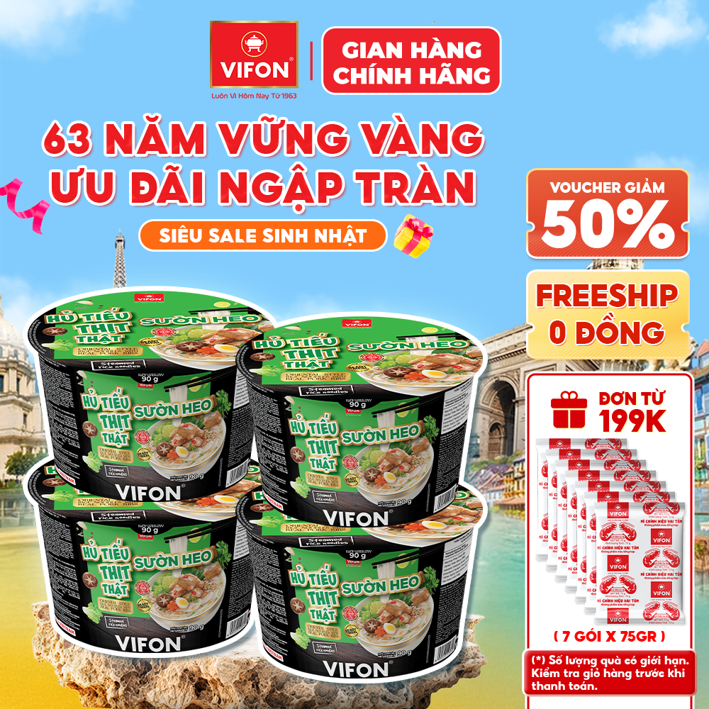 [Voucher 28% đơn từ 400K] Set 4 Tô Hủ Tiếu Sườn Heo/ Nam Vang Thịt Thật VIFON 90g Có Gói Thịt Thật Dạng Tô Tiện Lợi