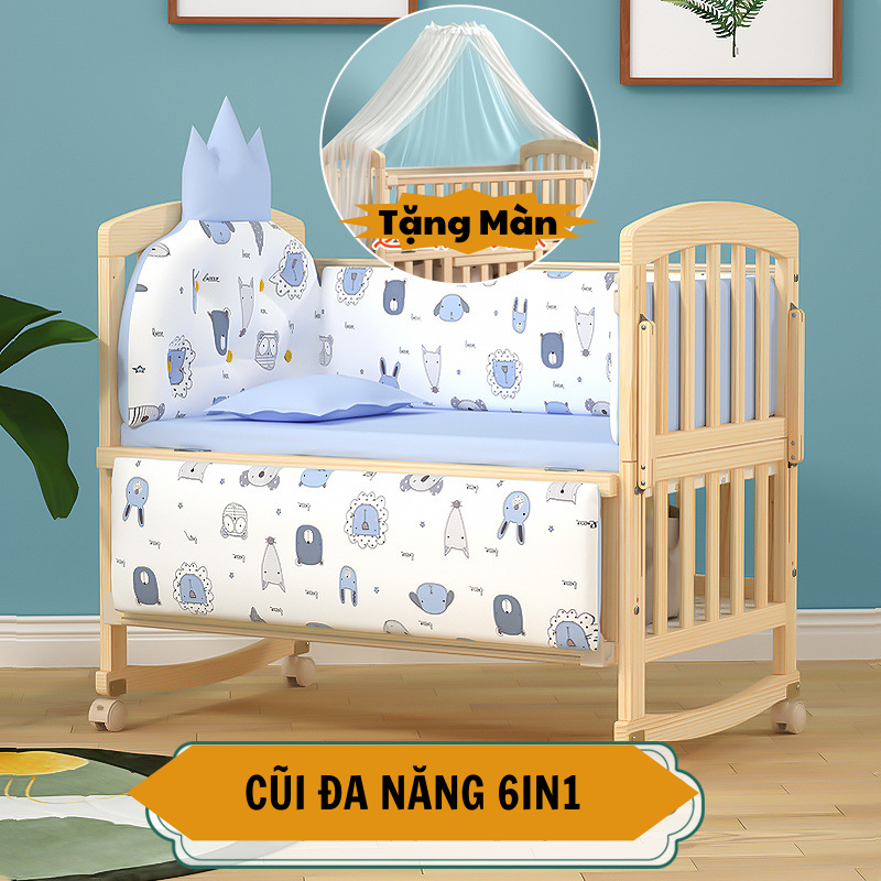 Cũi gỗ cho bé trọn bộ , nôi cũi cho bé, chất liệu gỗ thông kích thước 105x60x85 cm hona smat