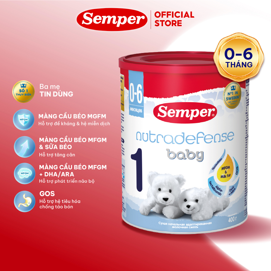 Sữa bột công thức Semper Nutradefense Baby 1 400g dành cho trẻ dưới 6 tháng tuổi hỗ trợ hệ miễn dịch và tiêu hóa, bổ sung DHA&ARA, Omega 3, vitamin D giúp trẻ phát triển toàn diện