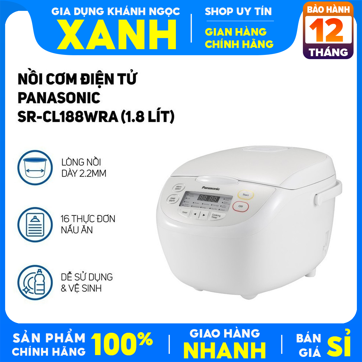 Nồi cơm điện tử Panasonic 1.8 lít SR-CL188WRA Hàng trưng bày 99% -4-6 người ăn- Lòng nồi dày 2.2 mm chống dính sản xuất tại Malaysia Bảo Hành 12 Tháng