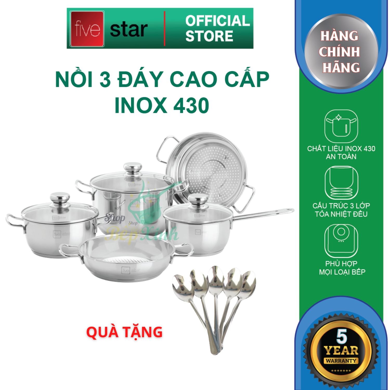 Bộ nồi xửng quánh chảo cao cấp FIVESTAR 5 chiếc 3 đáy bếp từ nắp kính ( tặng 5 muỗng ăn inox )