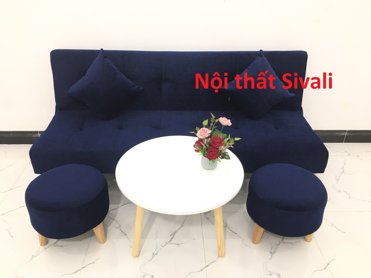 [HCM]Bộ bàn ghế salon phòng khách sofa bed sofa giường màu xanh dương đậm đen vải nhung mềm mịn mini nhỏ Nội thất Sivali HCM Tphcm Sài Gòn