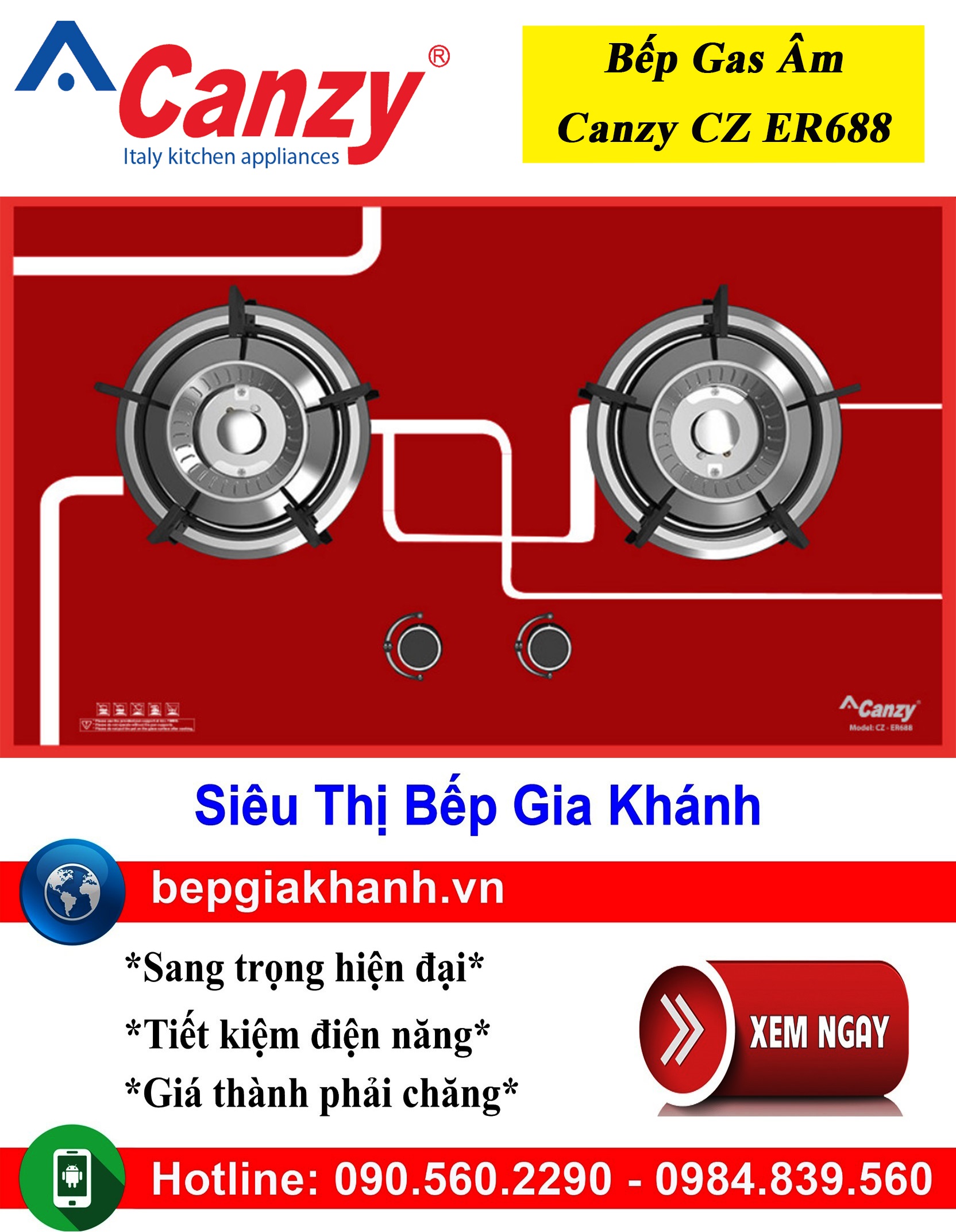 Bếp gas âm 2 vùng nấu màu đỏ Canzy CZ ER688, bếp gas, bếp gas đôi, bếp gas đơn, bếp gas âm, bếp ga, bếp ga đôi, bếp ga đơn, bếp ga âm, bep ga, bep gas