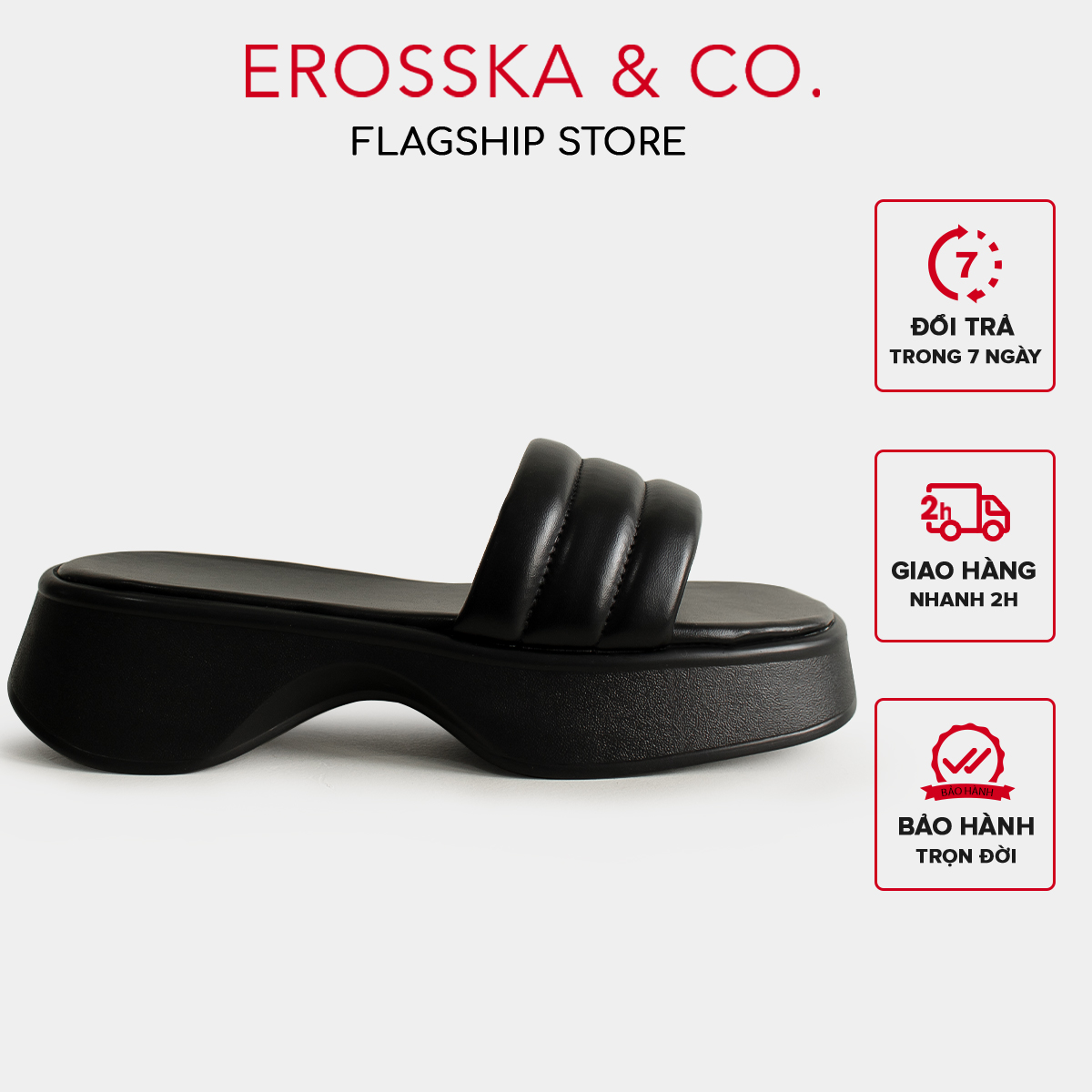 Erosska - Dép nữ quai ngang đế bánh mì phong cách cá tính cao 3cm màu đen - SB002