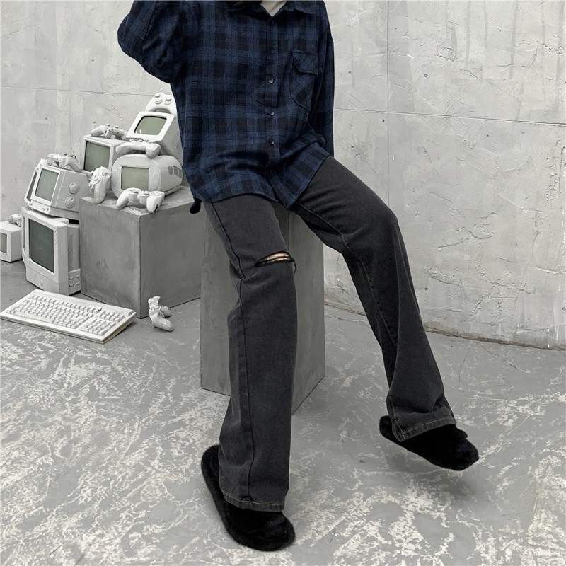 Quần Baggy jean nam nữ ống rộng rách gối - Phong cách hàn quốc