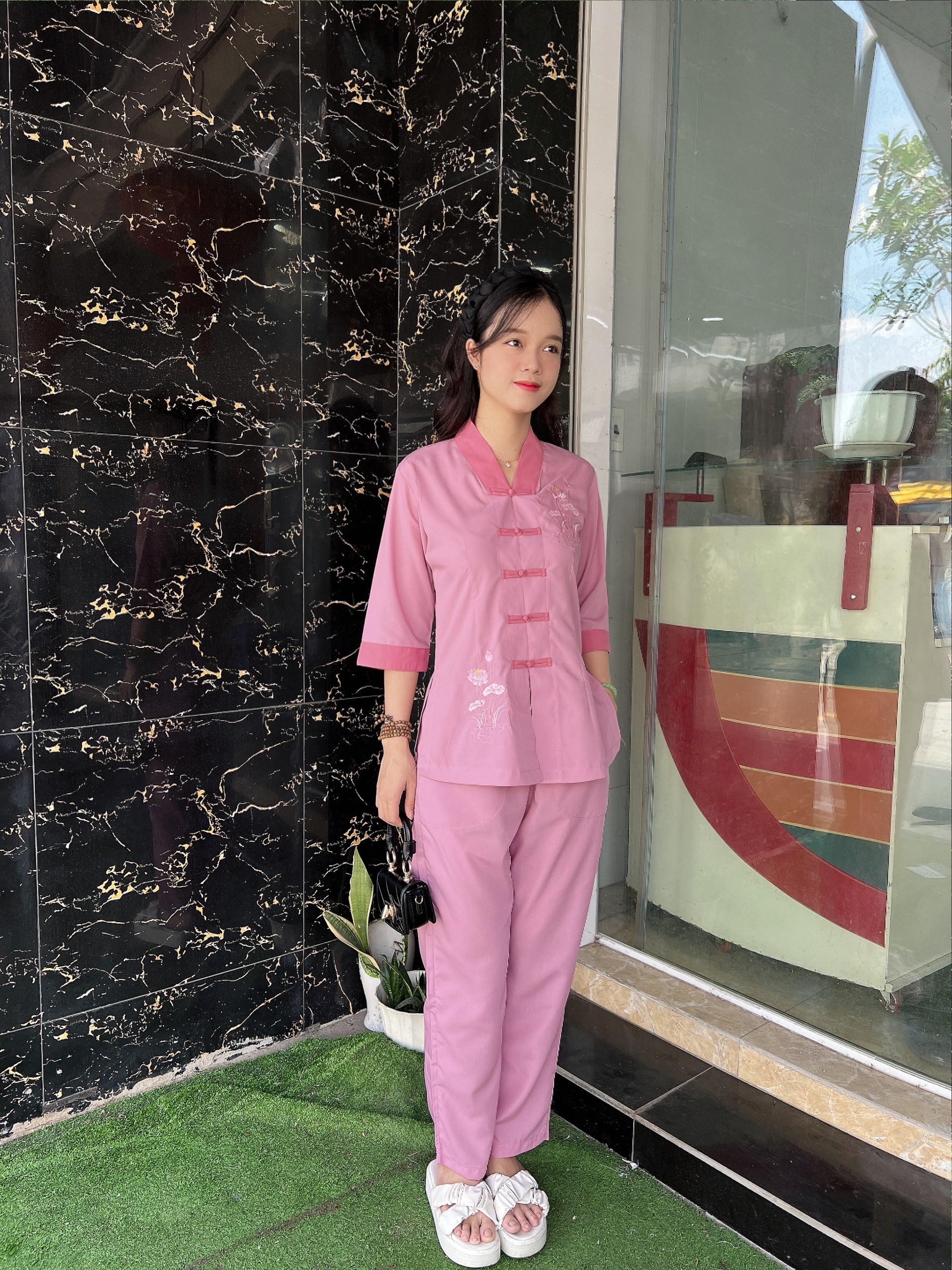 Áo lam đi chùa, thời trang nữ phật tử đồ bộ , la hán phối