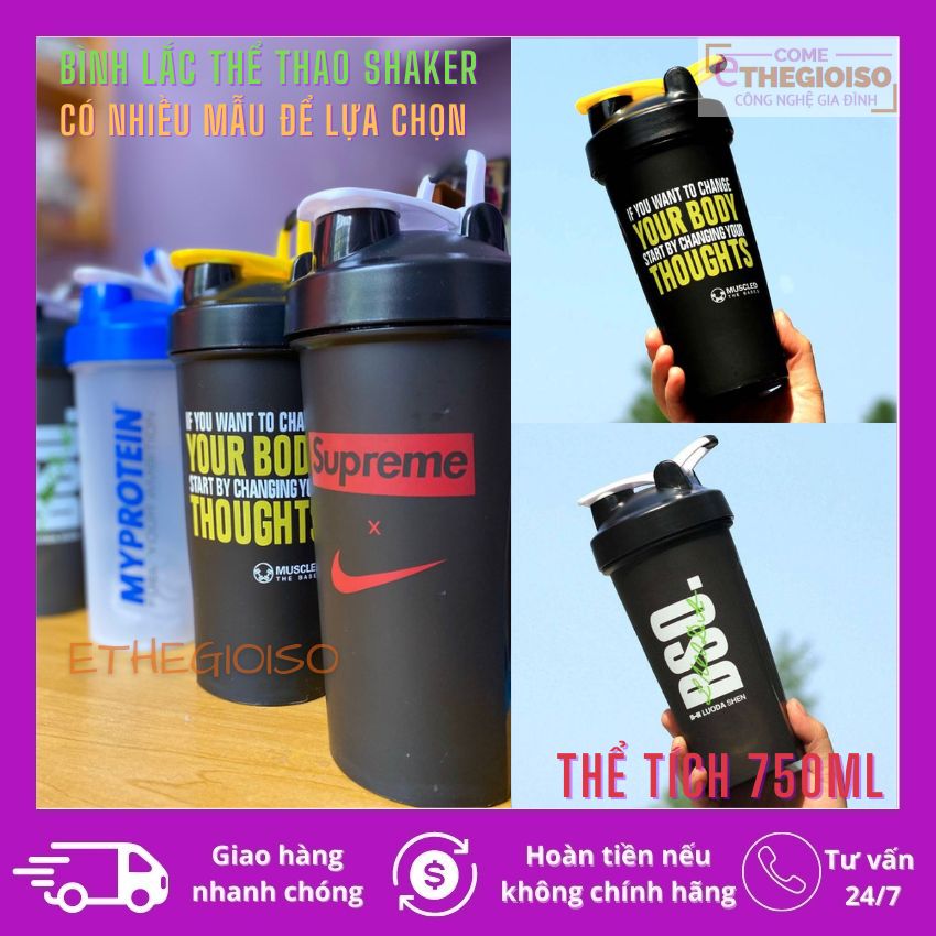 [HCM]Bình Nước Tập Gym,Bình nước Thể Thao,Bình lắc shaker nhiều mẫu tiện lợi Tổng DT 750ML-ethegioiso