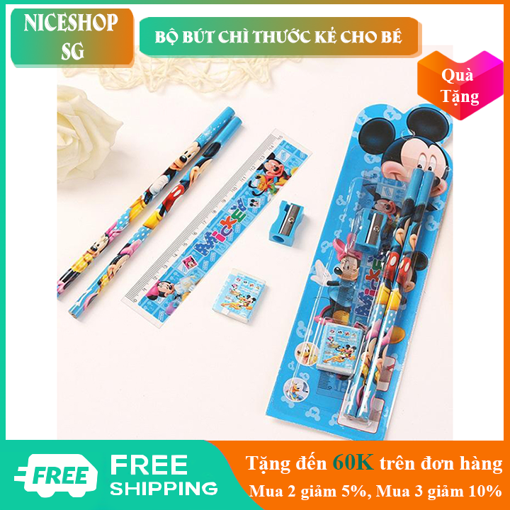 Bộ bút chì thước kẻ 5 món chi tiết bộ dụng cụ học tập cho trẻ in hình hoạt hoạ giao ngẫu nhiên - TE0031