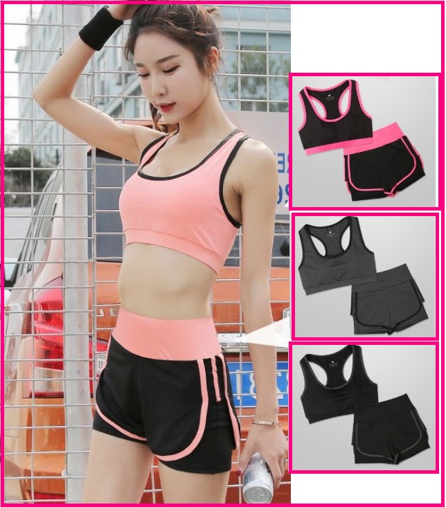 Bộ đồ tập gym 2 món, áo bra có mút đệm và quần sóc 2 lớp
