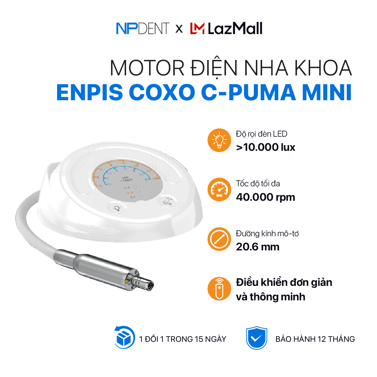 Motor điện nha khoa coxo c-puma mini, mô tơ nội nha npdent có đèn led với thiết kế nhỏ gọn, bộ điều khiển thông minh - bảo hành chính hãng 12 tháng