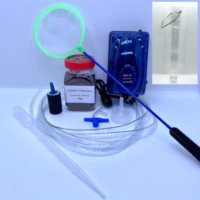 Combo bộ ấp artemia 10 món ( Bình ấp+Máy 1 vòi,50g arte, vợt,ống hút,dây sủi, đá sủi, nắp ấp, van tăng giảm, T chia oxi)