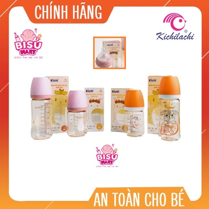 Bình sữa cổ rộng PPSU cho bé Kichilachi họa tiết hình thỏ 170ml - 270ml