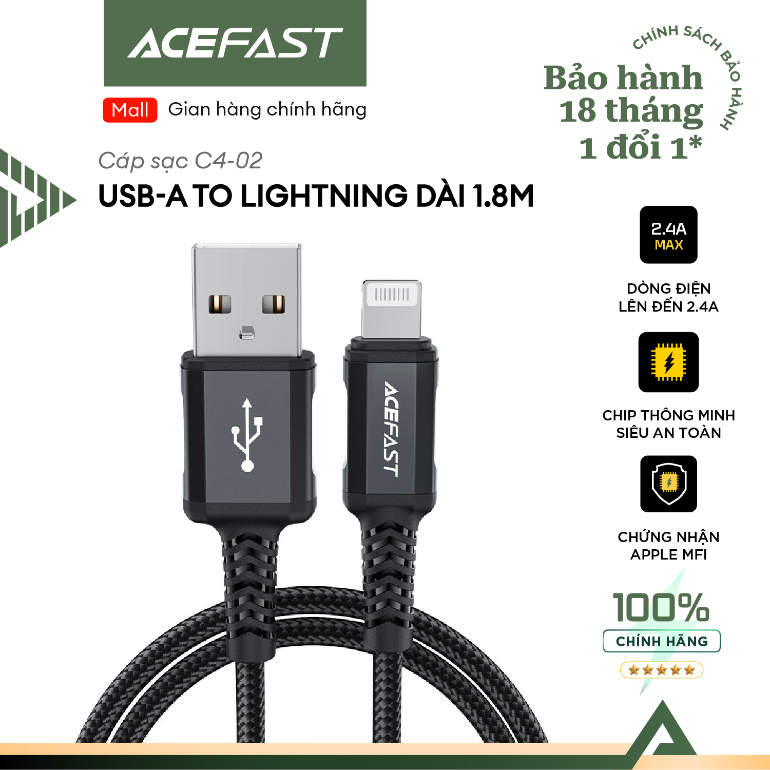 Cáp sạc acefast usb-a to lightning sạc nhanh, dây chống rối bọc dù siêu bền dài 1.8m - c4-02 hàng chính hãng