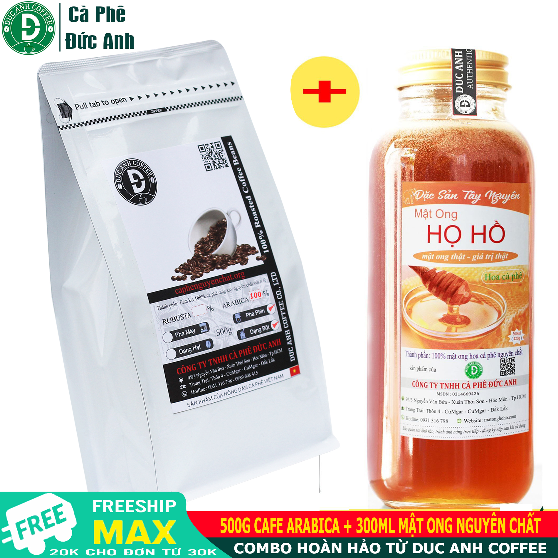 Combo gói cà phê arabica 500g rang mộc hoàn toàn - dạng bột dùng pha phin + chai mật ong nguyên chất 300ml mật ong hoa cà phê - sản phẩm của duc anh coffee co. ltd.