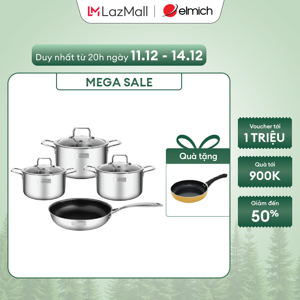 Sale năm mới- 01-03.0 Bộ nồi Inox dập nguyên khối Elmich Trimax Classic EL-2110OL Size 18 20 24 chảo 26cm