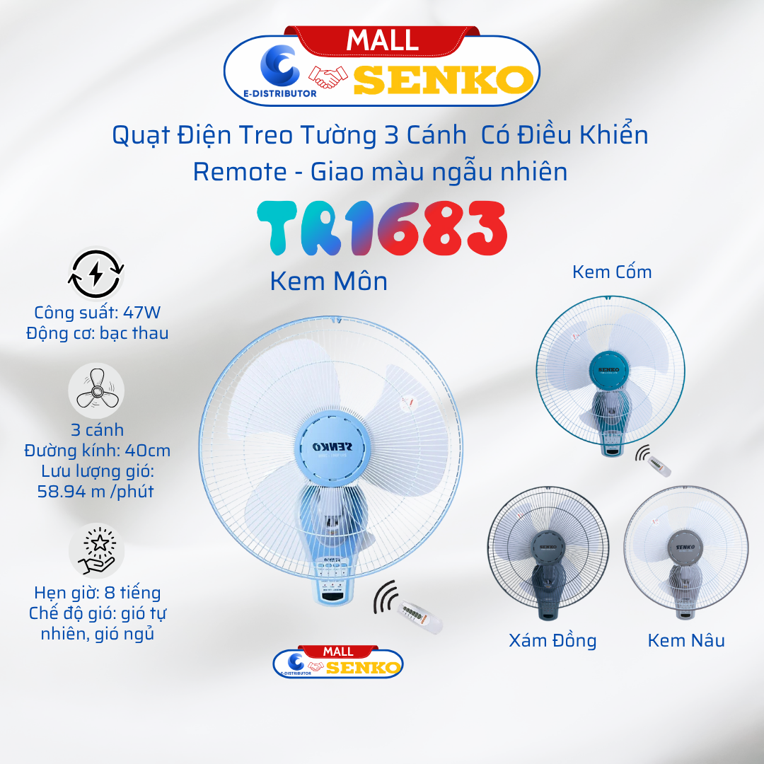  Quạt Treo Tường Remote Senko TR1683  Có Remote    TR1628  Có Điều Khiển Từ Xa  - Quạt T1682   T1680   1 Dây Điều Khiển Tốc Độ Không Có Điều Khiển Từ Xa  - Hàng Chính Hãng - Bảo Hành 24 Tháng - Quạt Treo Tường Senko Có Remote TR1628  Tương tự mã TR1683  