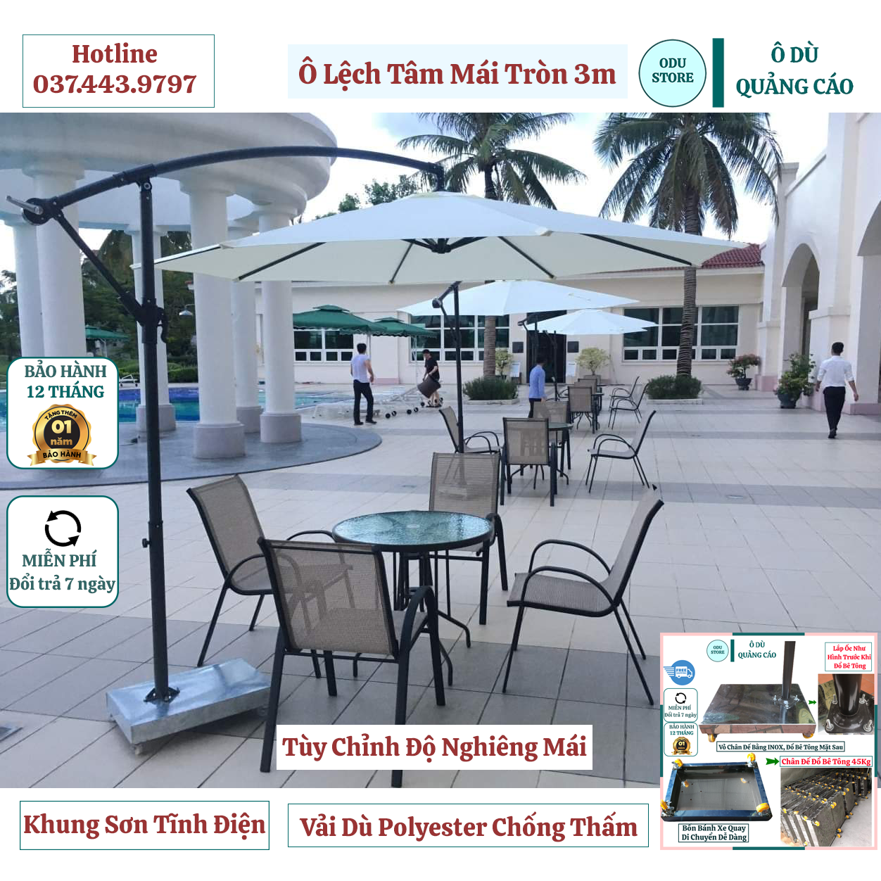 Ô Dù Lệch Tâm Mái Tròn 3m Cao Cấp Nhập Khẩu Nguyên Chiếc Có In Logo Thương Hiệu(Đã Bao Gồm Vỏ Chân Đế) Bảo Hành 12 Tháng