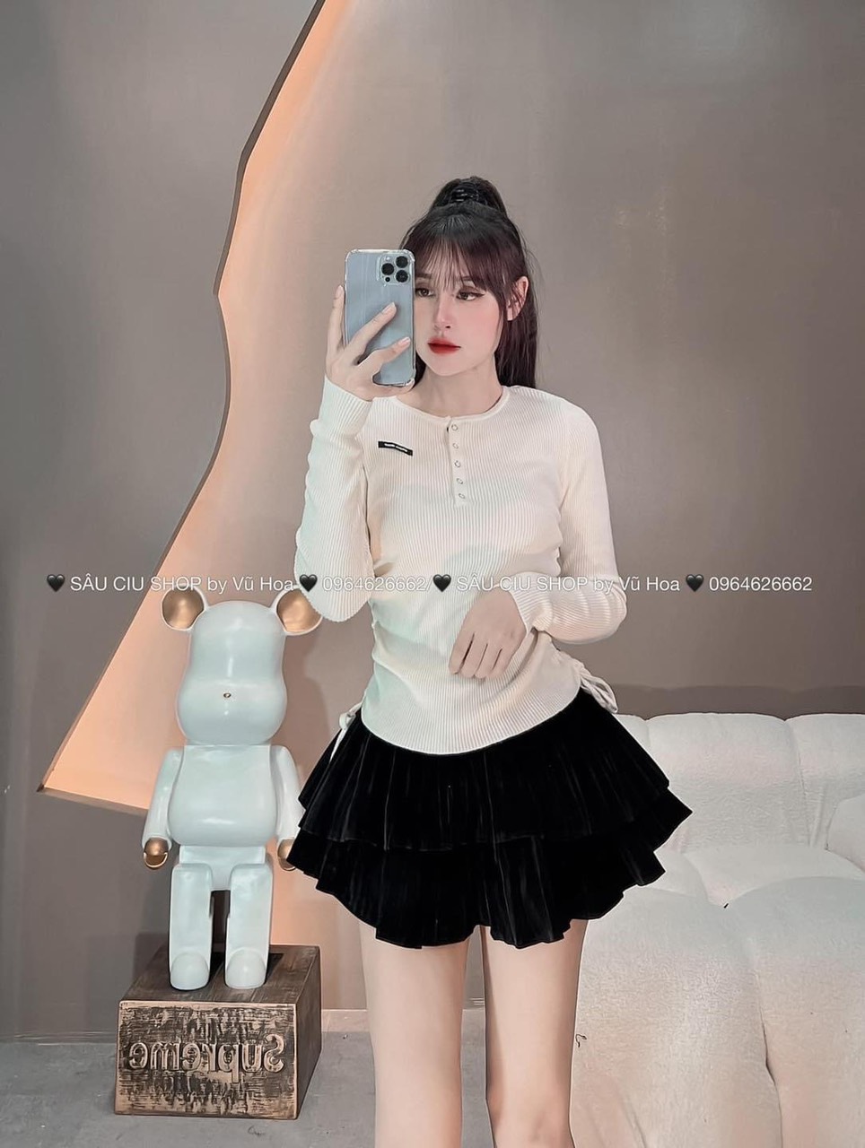 Áo thun ôm Body nữ tay dài rút dây hai bên thêu chữ BALENCI…