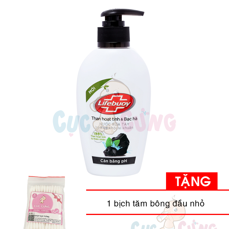Nước rửa tay LifeBuoy than hoạt tính & bạc hà diệt 99,9% vi khuẩn chai 180g Tặng 1 bịch tăm bông đầu nhỏ