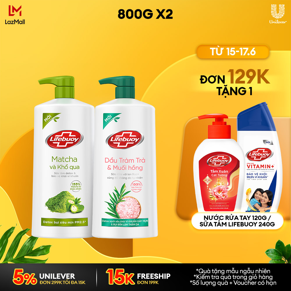 Combo Sữa tắm Lifebuoy Detox và Bảo vệ khỏi vi khuẩn 800gr Matcha & Khổ qua Dầu Tràm trà & Muối hồng