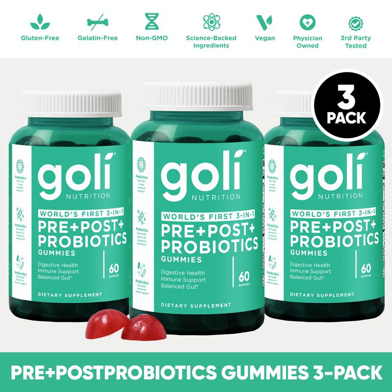 3 chai Goli Pre, Post, Probiotics Gummy - Sản phẩm 3 trong 1 đầu tiên trên thế giới không chứa gluten, thuần chay, không biến đổi gen và không chứa gelatin.-d6c4d892